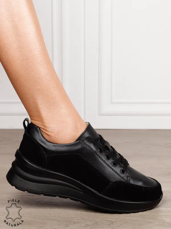 PANTOFI CASUAL Dama Piele Naturala cu siret CRL1593 NEGRU