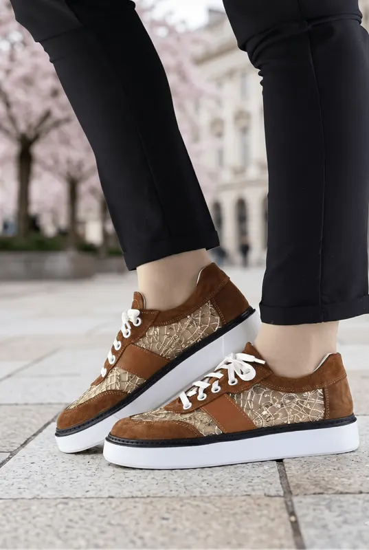 Pantofi Casual-Sport din Piele cu Dantela - DEEA CAMEL