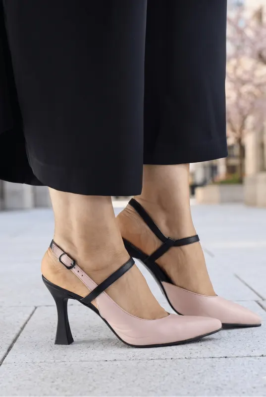 Pantofi Eleganti Decupati cu Toc din Piele ROZ - BABY PUDRA