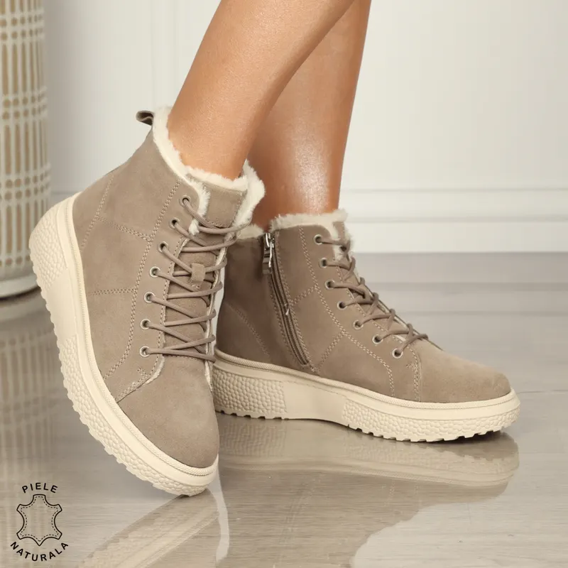 Ghete Dama IMBLANITE piele naturala INTOARSA cu talpă groasă CRL1448 KHAKI