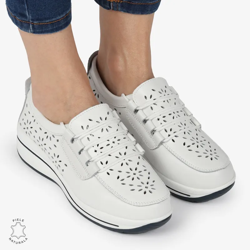 Mocasini dama din Piele Naturala Perforati CRL1364 ALB
