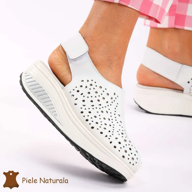 Pantofi Perforati dama din Piele Naturala cu talpa inalta CRL0186 ALB
