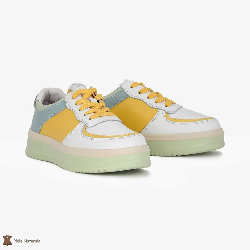Pantofi Casual de dama din Piele naturala Multicolor cu design special CRL0519 ALB CU GALBEN