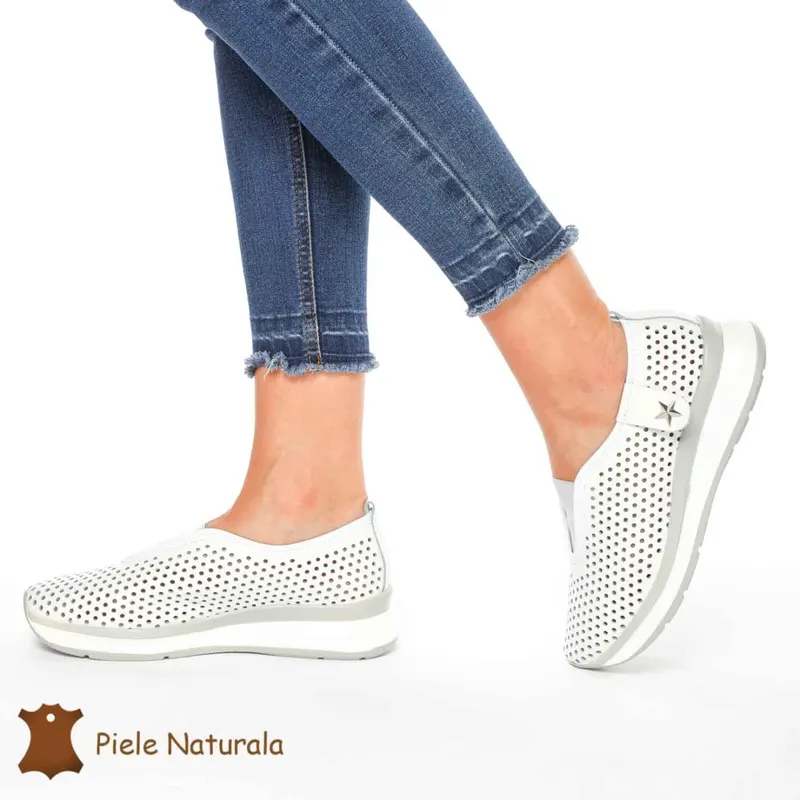 Pantofi Perforati Dama Piele naturală CRL0098 ALB