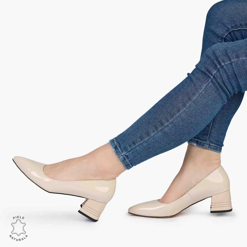 Pantofi Eleganți dama din Piele Naturala LACUITA CU TOC MIC CRL0982 bej