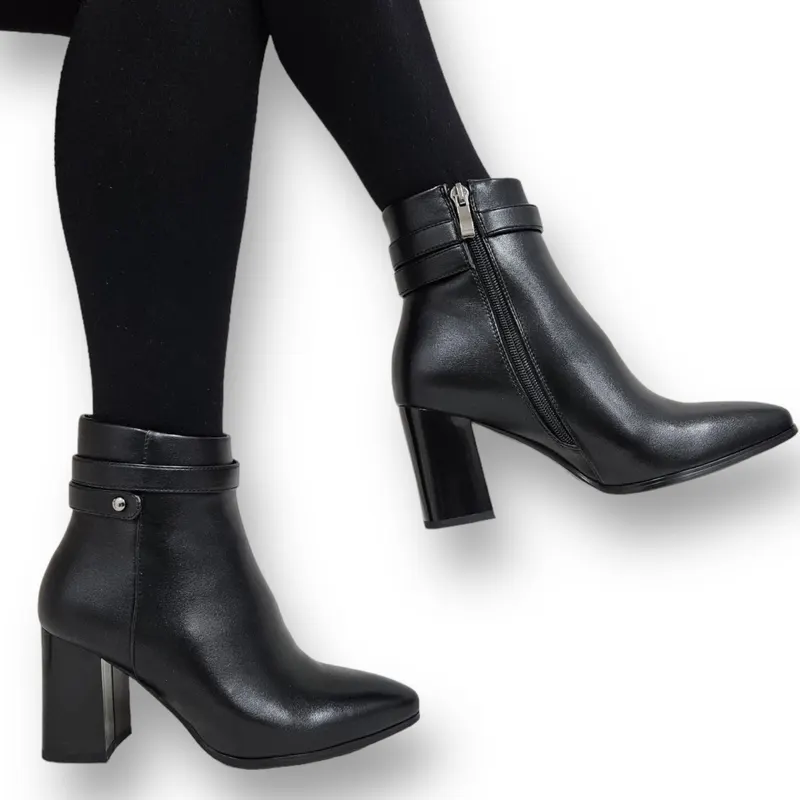 Botine DAMA din PIELE Ecologica cu FERMOAR si Catarama CRL0926 CULOARE: Negru