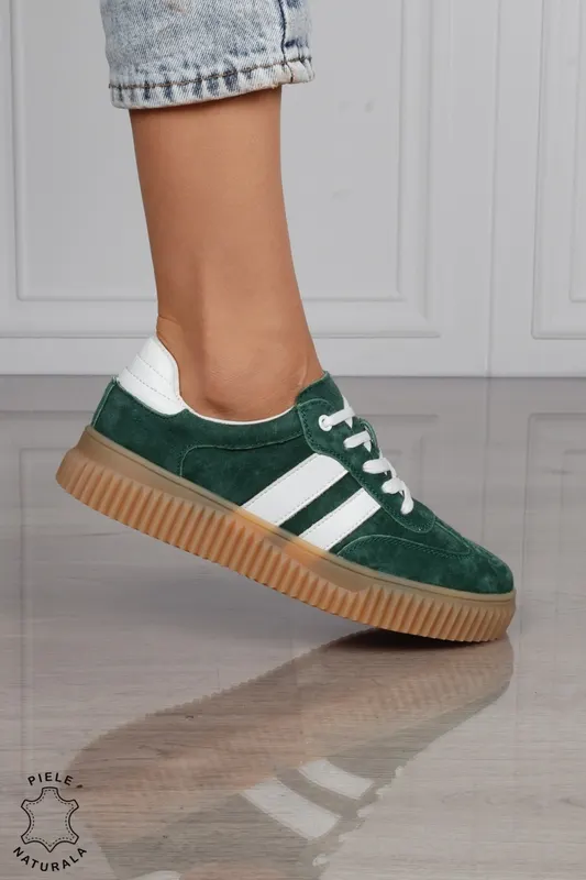 Pantofi Casual DAMA din Piele Naturala intoarsa, Model Retro CRL1531VERDE