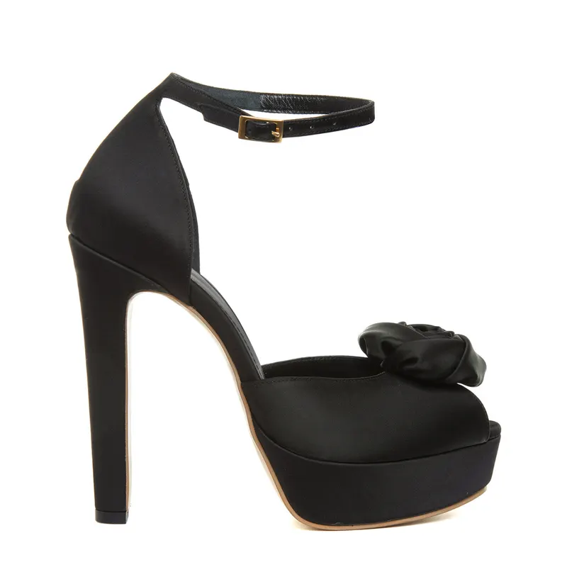 Sandale Rose cu Platforma, Satin Negru - 39 / 14 cm - Gros