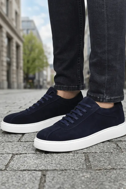 Pantofi Casual din Piele Intoarsa Albastri cu Siret - FYLL BLU