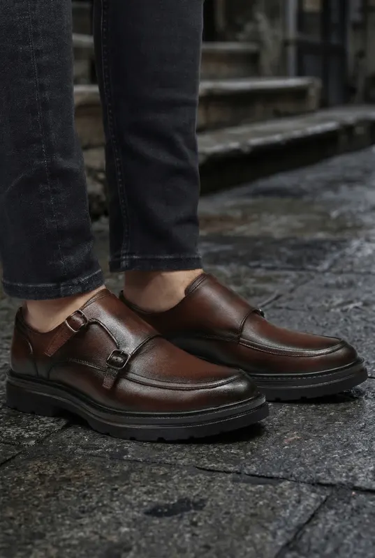 Pantofi Barbati Strap din Piele Naturala Maro – Grevy Brown