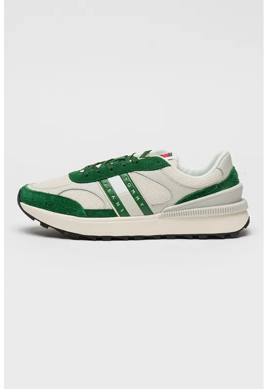 Pantofi sport de plasa cu insertii din piele intoarsa - Verde/Gri deschis