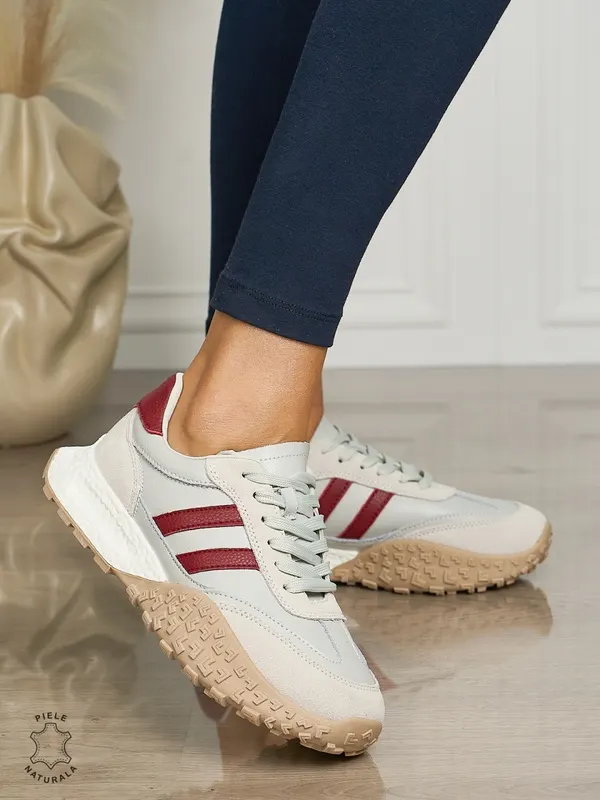 Pantofii casual piele naturala cu siret si dungi laterale CRL1459 GRI