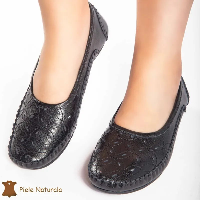 Balerini dama din Piele Naturala cu mici perforatii CRL0180 NEGRU