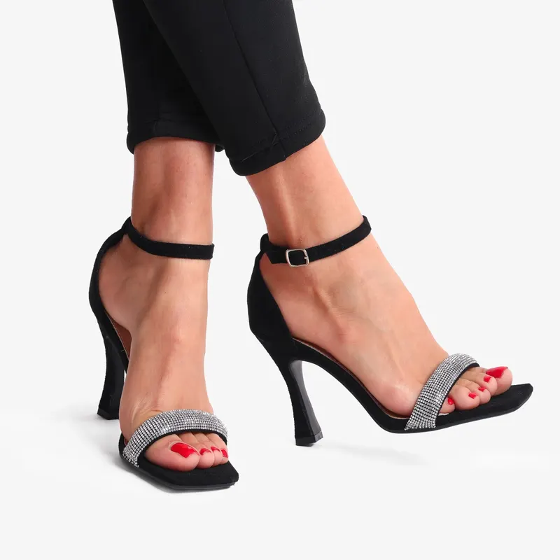 SANDALE ELEGANTE DIN PIELE ECOLOGICA INTOARSA TOC SUBTIRE SI STRASURI CRL0738 NEGRU