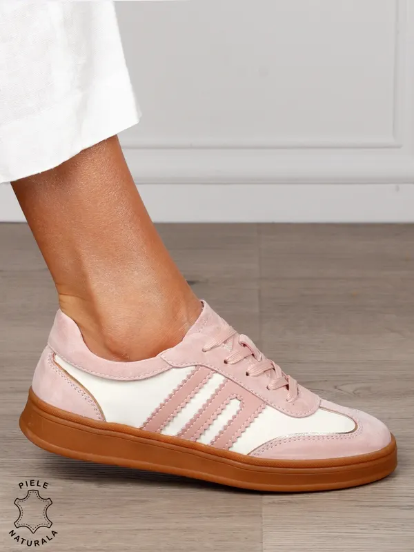 Pantofi sport damă din piele naturală întoarsă si material textil lateral CRL1566 ROZ