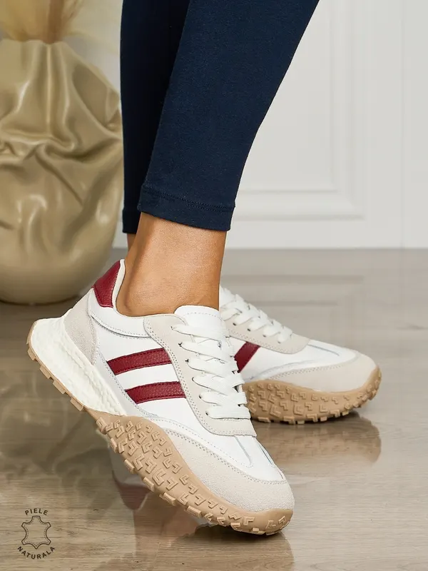 Pantofii casual piele naturala cu siret si dungi laterale CRL1459 ALB CU BORDO
