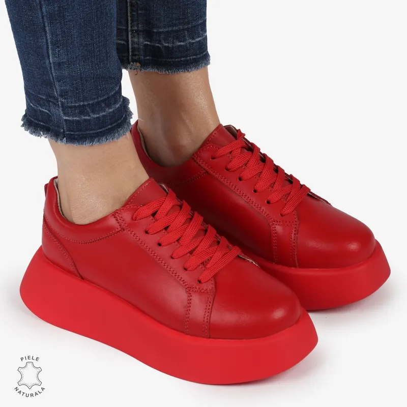 Pantofi casual piele naturala cu talpa inalta CRL881 ROSU