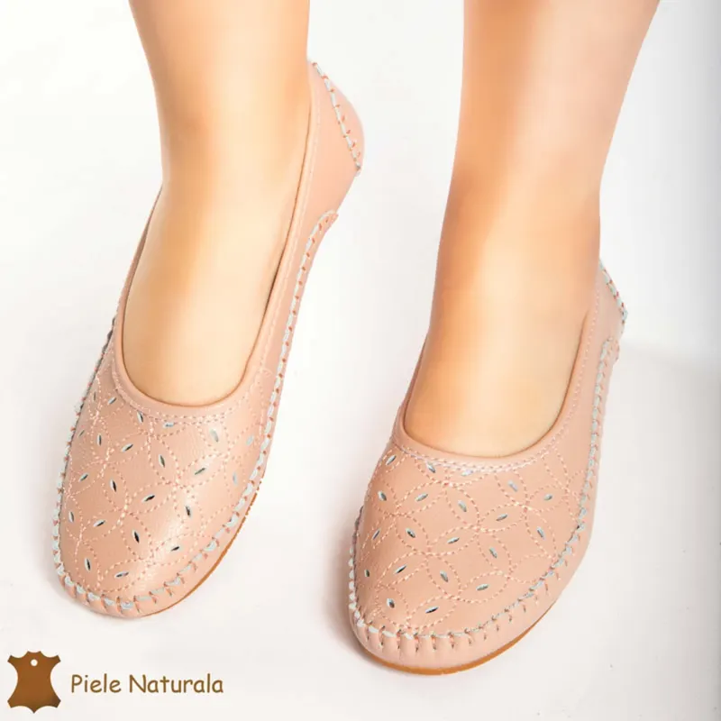 Balerini dama din Piele Naturala cu mici perforatii CRL0180 ROZ