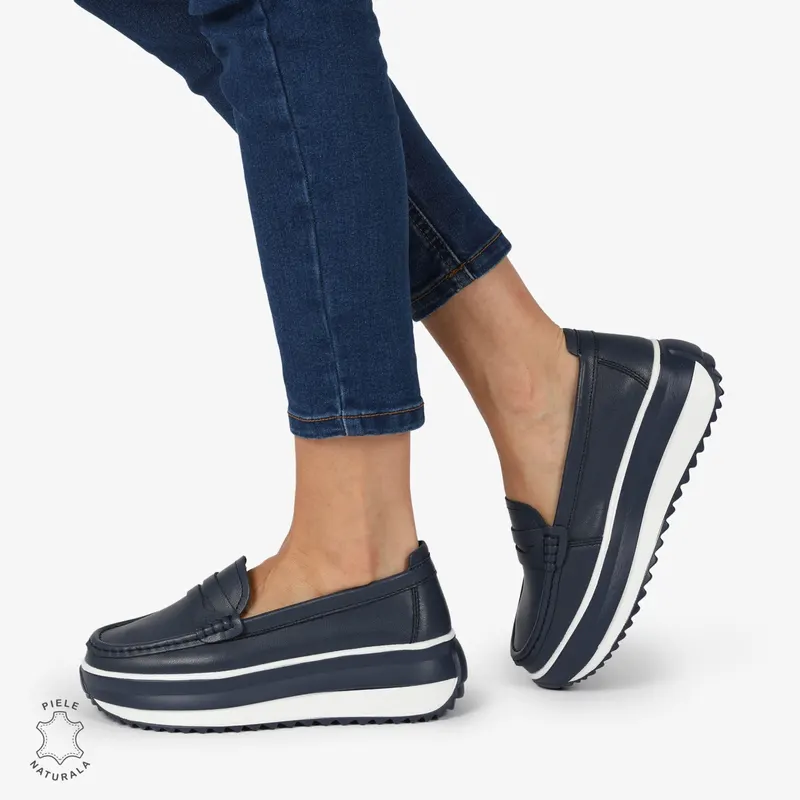 MOCASINI DAMA PIELE NATURALA cu talpa inalta si cusatura laterala CRL1276 NAVY