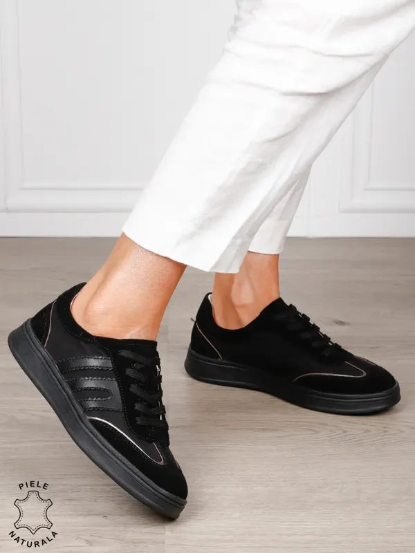 Pantofi sport damă din piele naturală întoarsă si material textil lateral CRL1566 NEGRU
