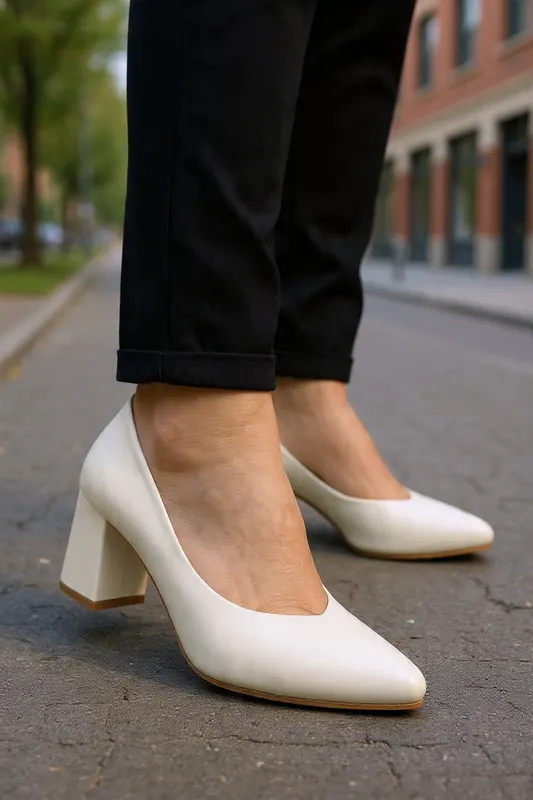 Pantofi cu Toc Gros din Piele Bej - VERY BEIGE