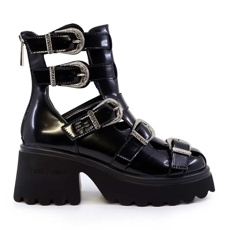 Sandale tip gladiator femei Enzo Bertini negre din piele lăcuită 3869DS012LN