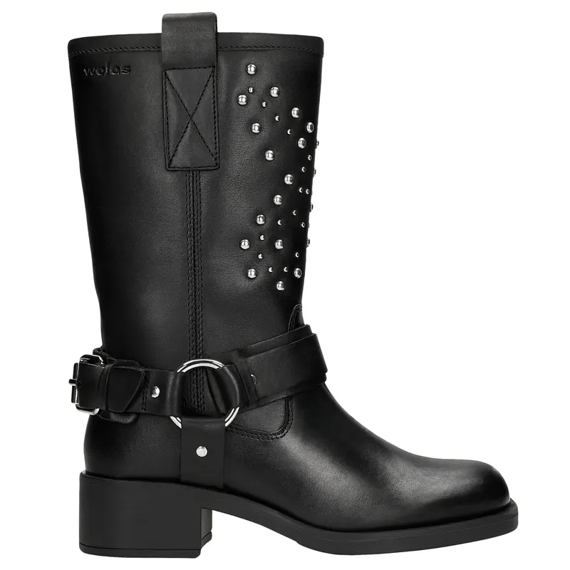 Botine biker din piele neagra cu nituri pe partea superioară