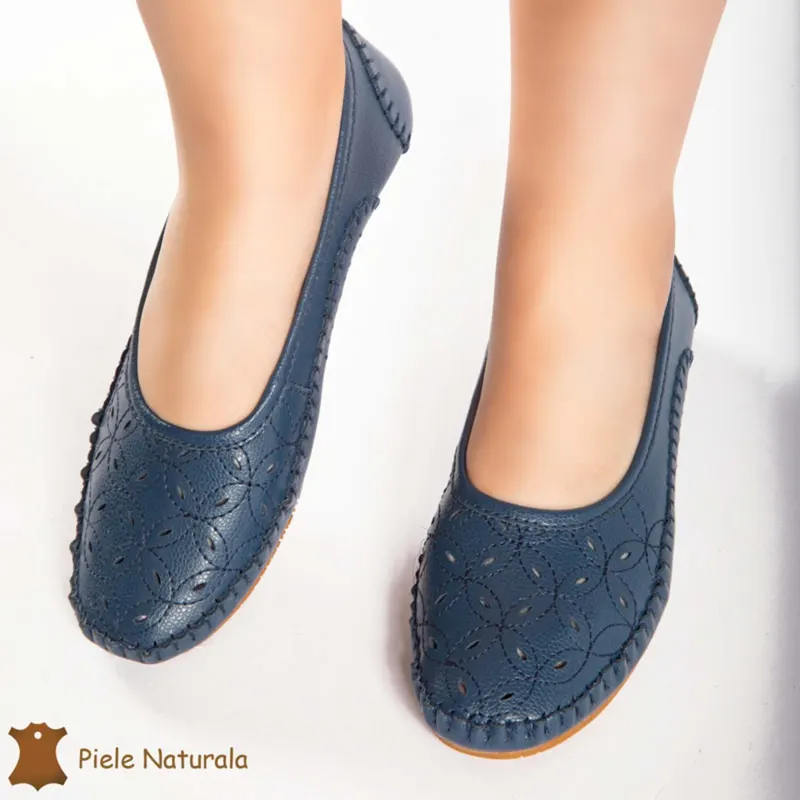 Balerini dama din Piele Naturala cu mici perforatii CRL0180 BLEUMARIN