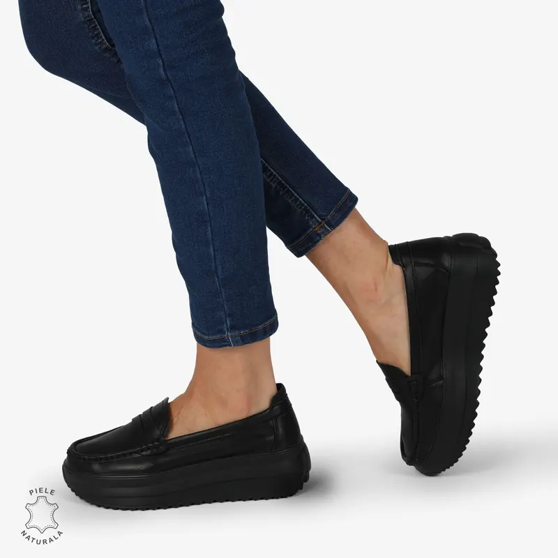 MOCASINI DAMA PIELE NATURALA cu talpa inalta si cusatura laterala CRL1276 Negru