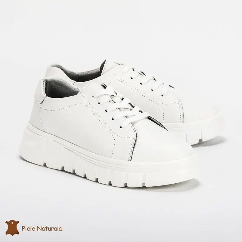 Pantofi Casual de dama din Piele naturala cu talpa groasa CRL0491 ALB