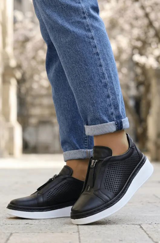 Pantofi Sport-Casual din Piele Negri cu Fermoar - LYA BLACK
