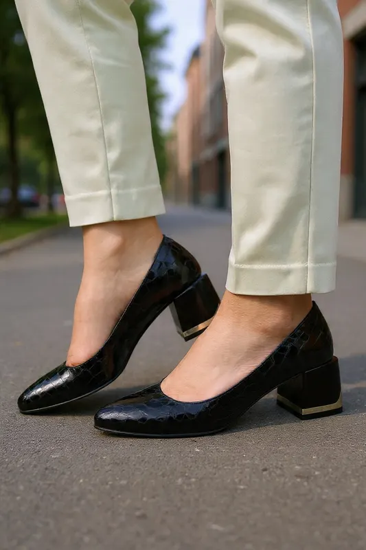 Pantofi Eleganti cu Toc din Piele Negri - SNYA CROCO