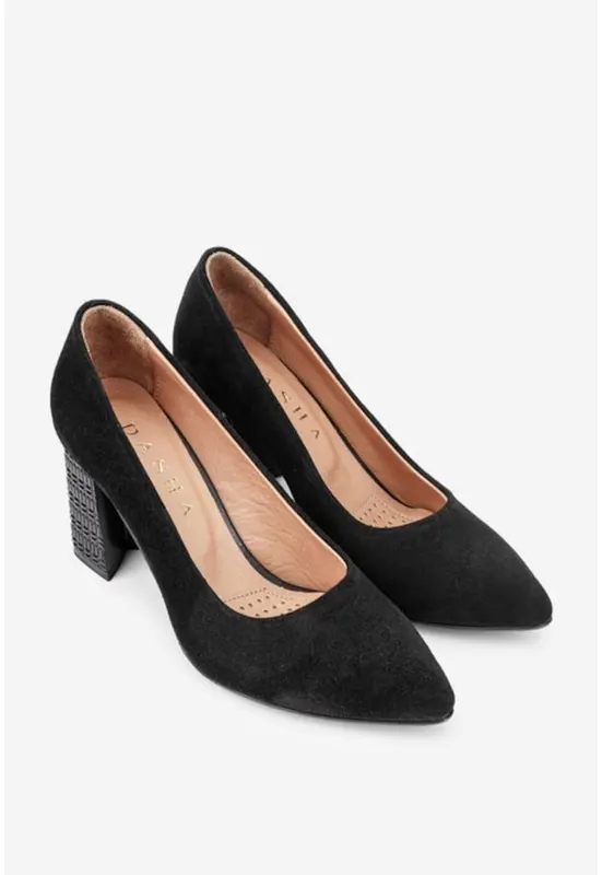 Pantofi dama negri din piele intoarsa cu toc deosebit