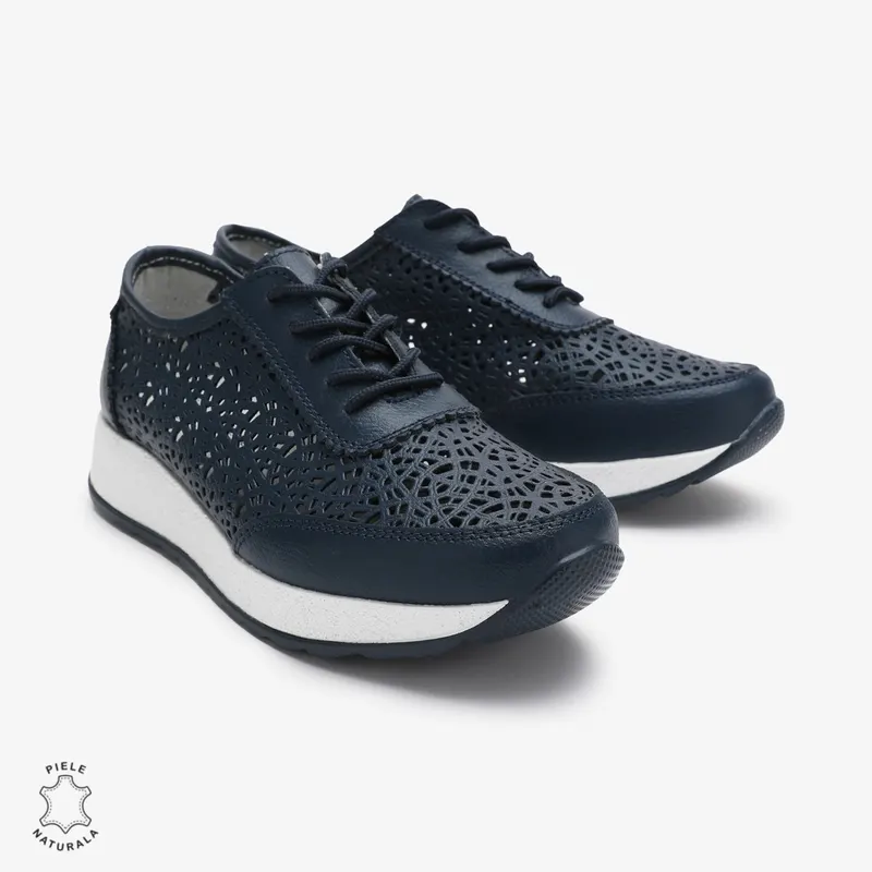 Pantofi casual dama din Piele Naturala Perforati cu model CRL0714 BLEUMARIN
