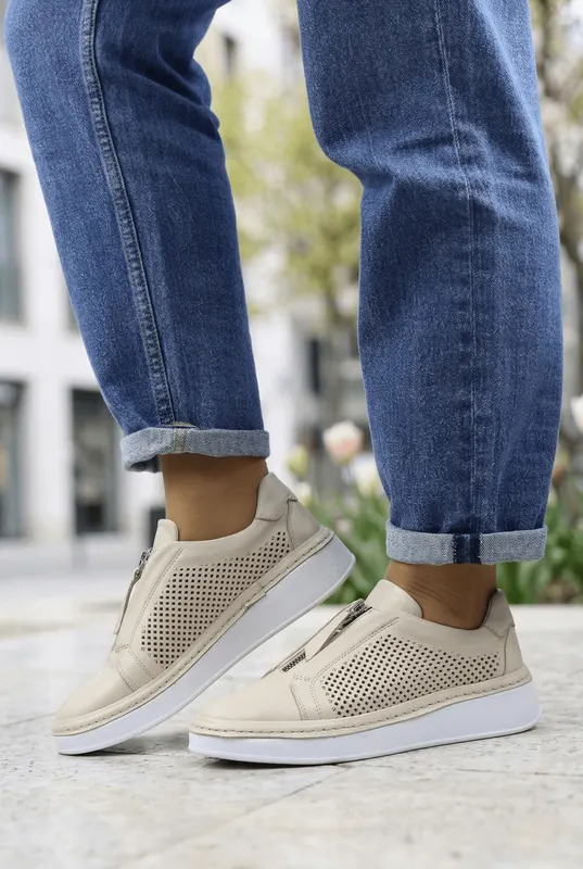 Pantofi Sport-Casual din Piele cu Fermoar - LYA BEJ