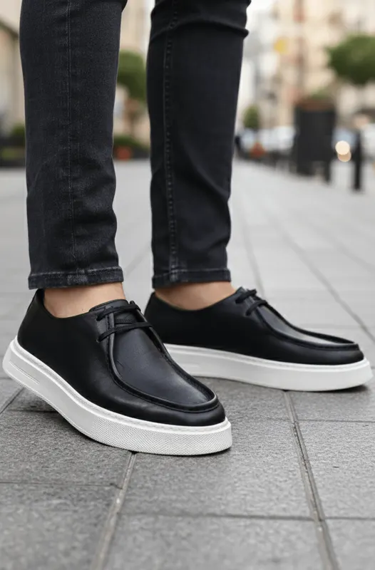 Pantofi Casual din Piele Negri cu Talpa Alba - RUD BLACK