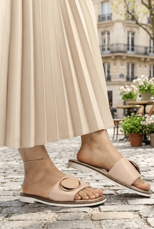 Papuci Dama din Piele Bej cu Accesoriu - KLOY BEIGE