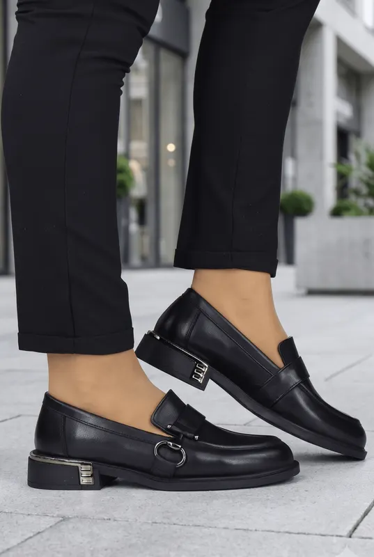 Mocasini din Piele Naturala Negri cu Accesoriu - MYRY BLACK