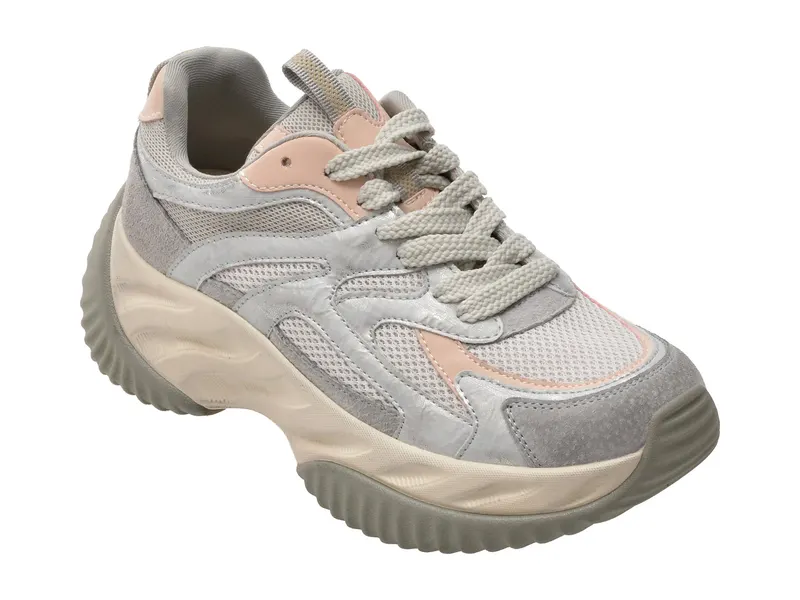 Pantofi sport argintii, A909, din material textil si piele naturala
