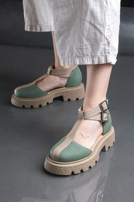 Sandale din Piele Verde Decupate cu Barete - Nayla Green