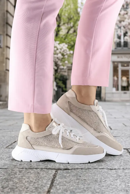 Pantofi Sport-Casual din Piele cu Dantela si Strasuri - FINO BEJ