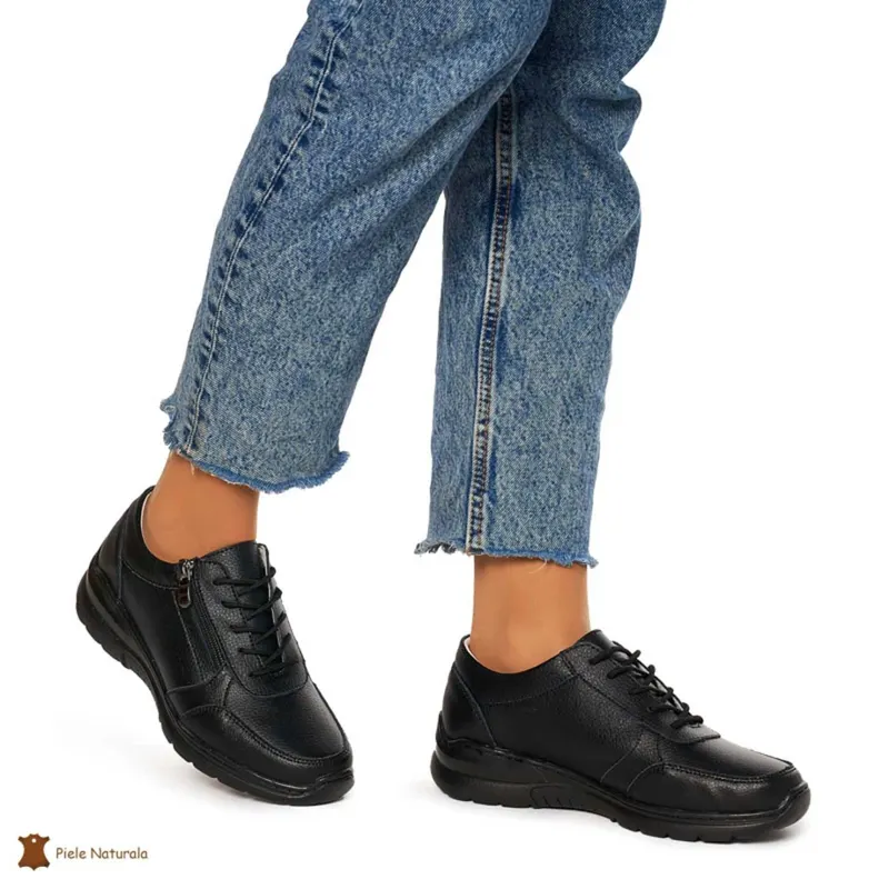 Pantofi casual de dama din piele naturala cu talpa aderenta CRL0022 NEGRU