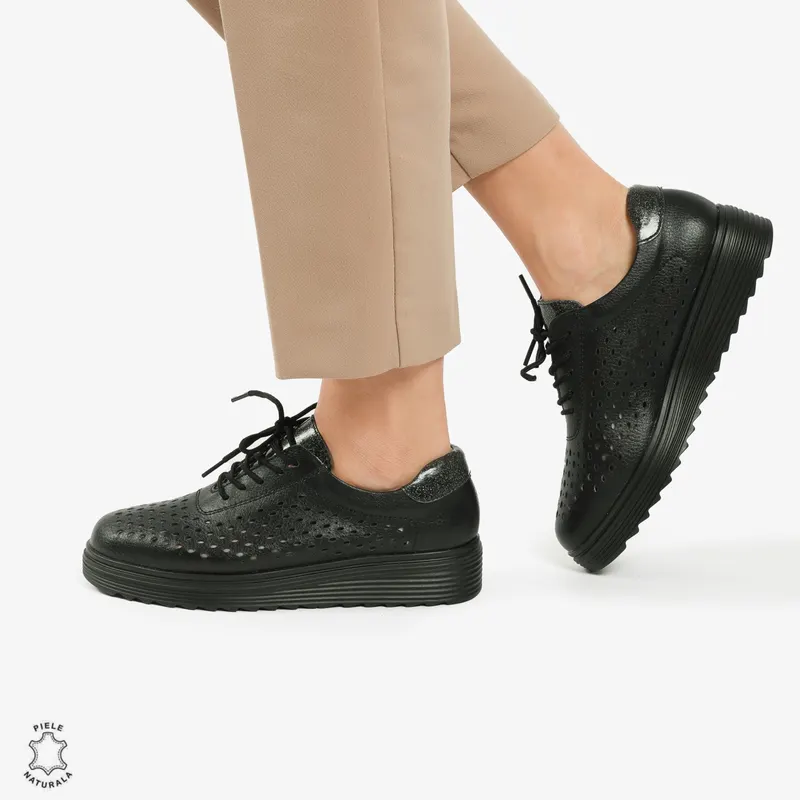 Pantofi Casual dama din piele naturala Perforati CRL0782 NEGRU