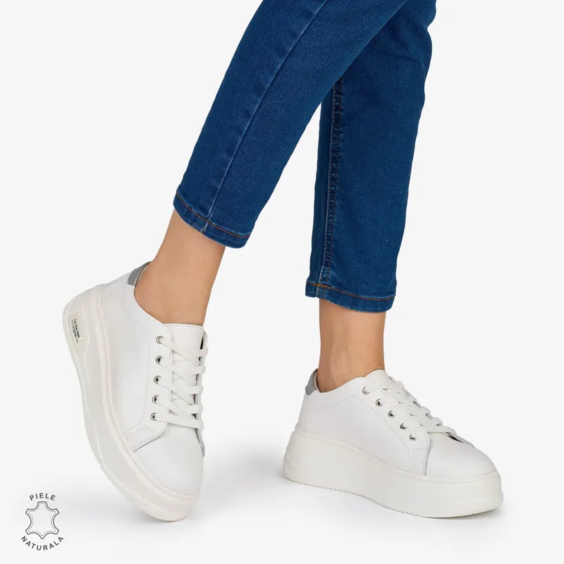 PANTOFI CASUAL Dama Piele Naturala CRL1054 Culoare: ALB CU ARGINTIU