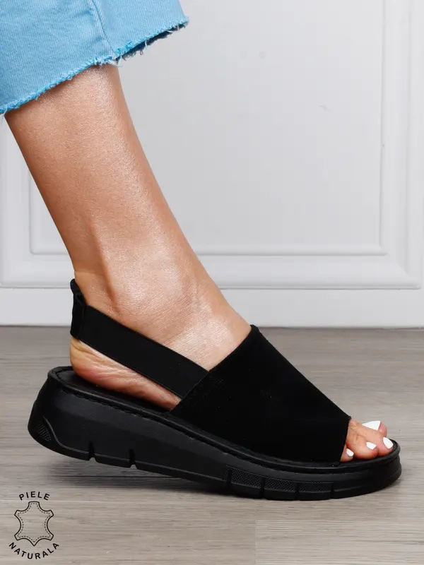 Sandale Damă din Piele Naturală Intoarsa cu Design Modern și Bareta Elastică CRL1805 NEGRU