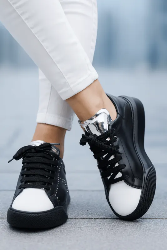 Pantofi Sport Dama din Piele Negru si Alb - ANY