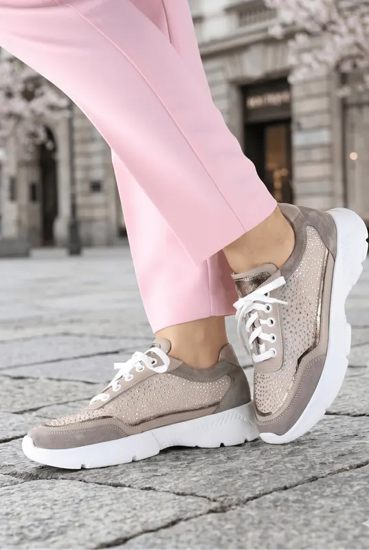 Pantofi Sport-Casual din Piele cu Dantela si Strasuri - FINO GRI