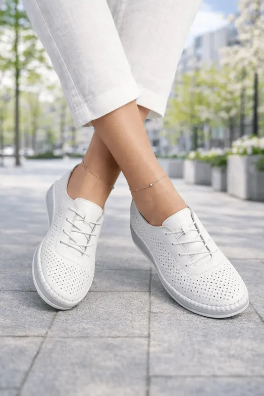Pantofi Confort din Piele Albi Perforati - ZYX WHITE