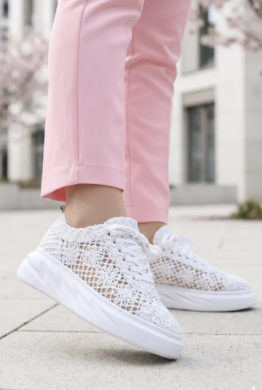 Pantofi Casual din Piele cu Dantela - Sandy WHITE
