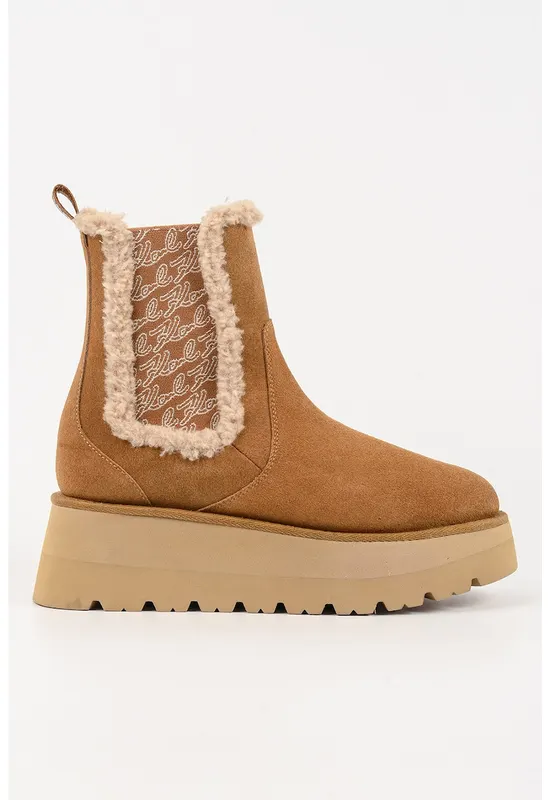 Ghete Chelsea wedge din piele intoarsa - Caramel